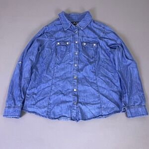 Miss Lili Chambray Denim Shirt Women's 1X Blue Cotton Snap Button Down Utility